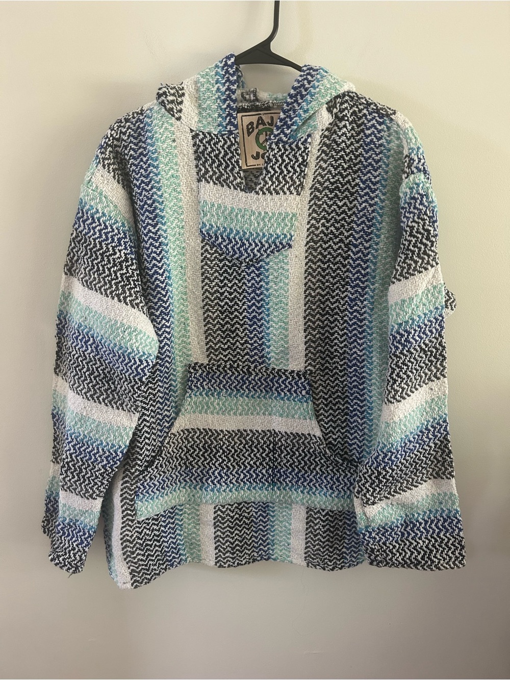 Baja Joe Mexican Poncho Hoodie Size L Pullover White Blue Hippie Boho Drug Rug